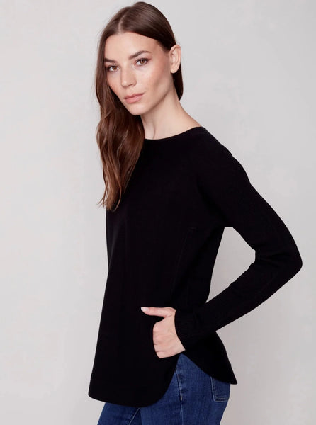Long Sleeve Sweater With Black Eyelet Detail [Black-C2170Y]