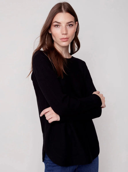 Long Sleeve Sweater With Black Eyelet Detail [Black-C2170Y]