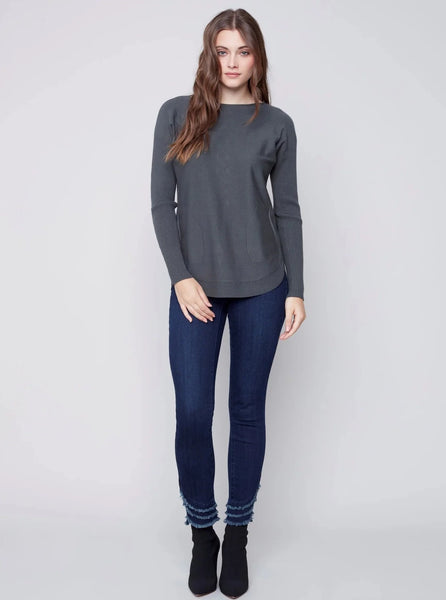 Long Sleeve Sweater With Black Eyelet Detail [Emerald-C2170Y]