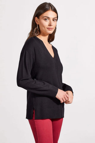 Long Sleeve V-Neck Sweater W Cables [Black-1924O]