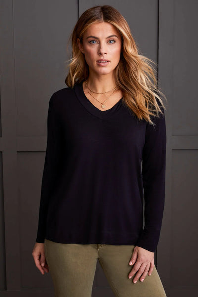 Long Sleeve V Neck Top With Side Slits [Black-1888O]