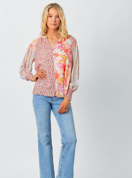 Mixed Printed Blouse [Tomato Red-60666]