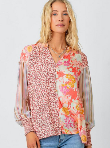 Mixed Printed Blouse [Tomato Red-60666]