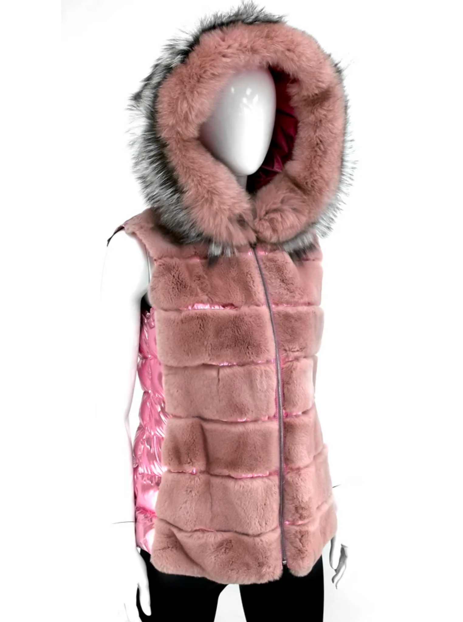 Pink Metallic Vest With Rabbit Front Fox Hood Trim [VTMK12-PINK-SFOX]