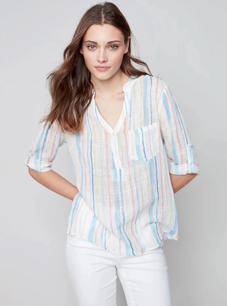 Printed Roll Up Sleeve Blouse [Stripes-C4188Z]