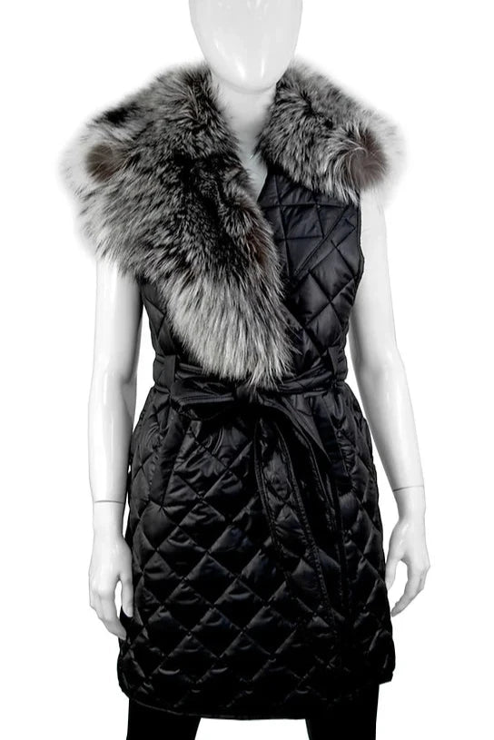 Quilted Nylon Vest Fox Collar [Black-VTTO13]