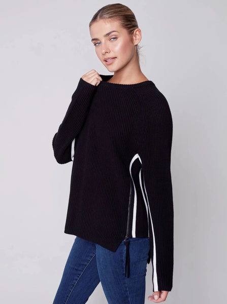 Raglan Sleeve Sweater Contrast Piping [Black-C2603]