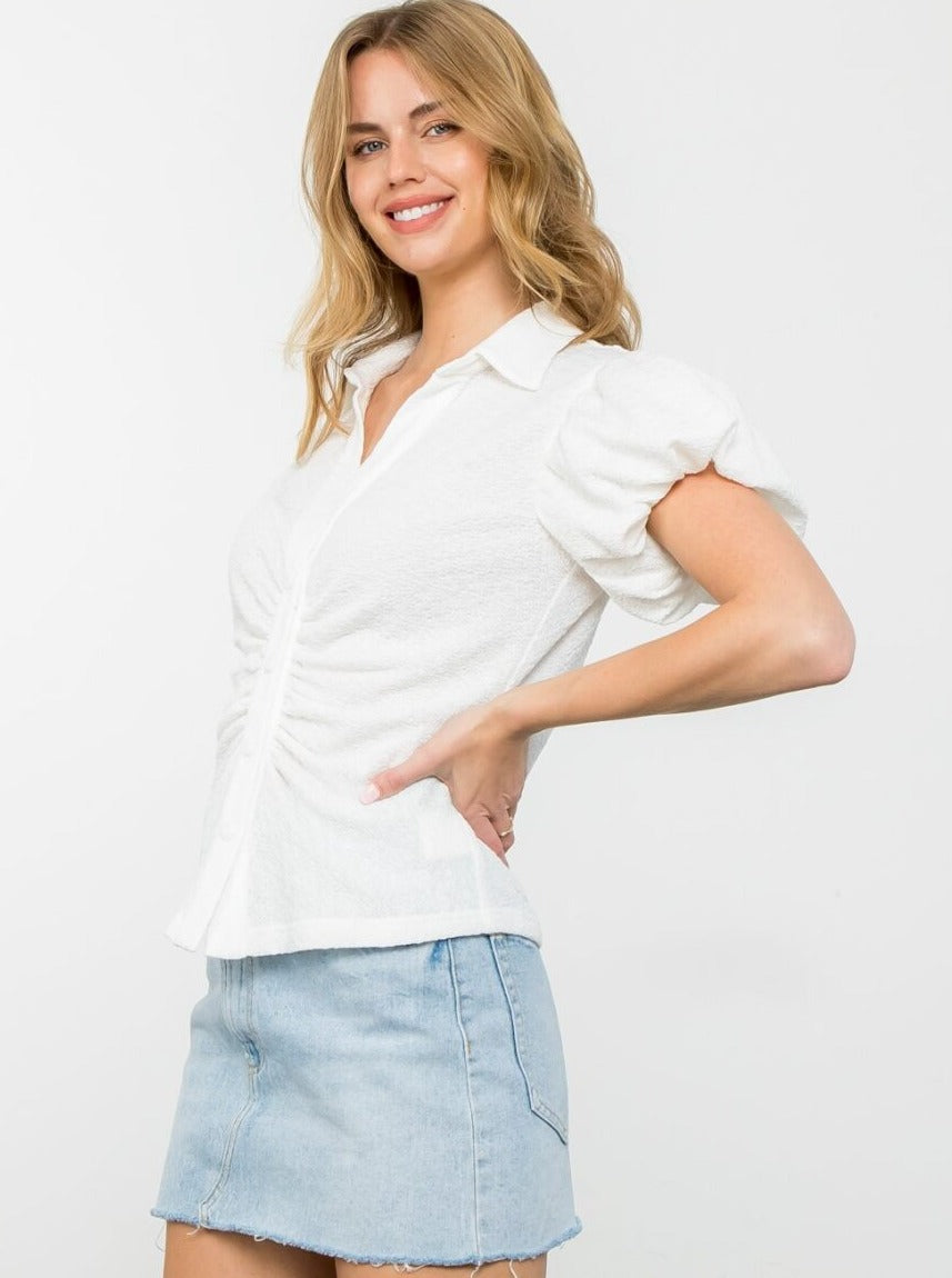 Short Sleeve Button Up Top [WHT-THS1521]