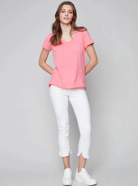 Short Sleeve Round Neck Cotton Slub T-Shirt [Grapefruit-C1310PK]