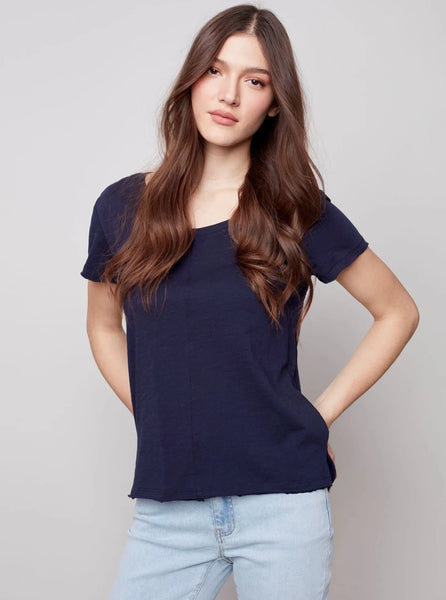 Short Sleeve Round Neck Cotton Slub T-Shirt [Marine-C1310PK]