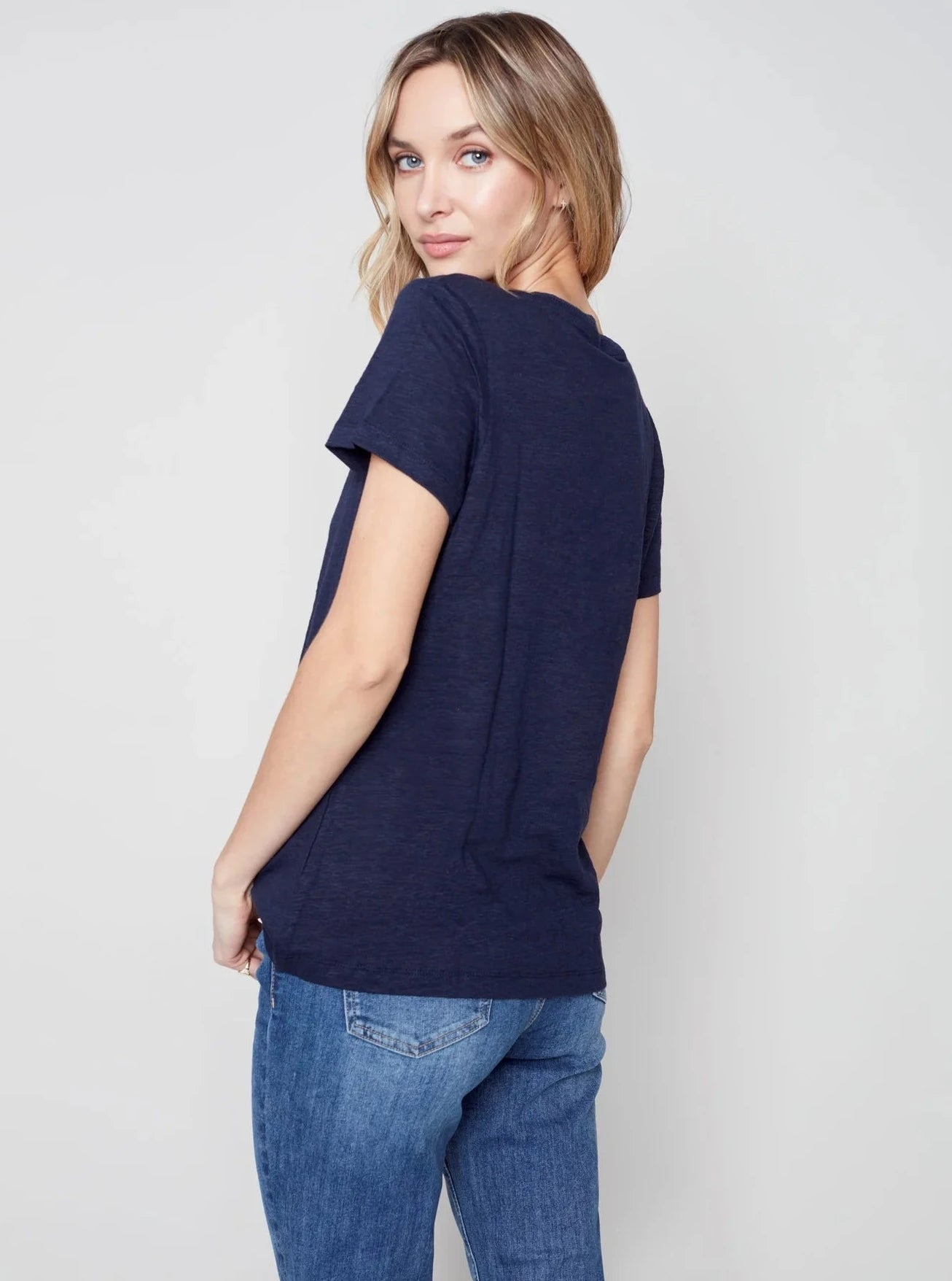 Short Sleeve V-Neck Linen T-Shirt [Marine-C1231RPK]