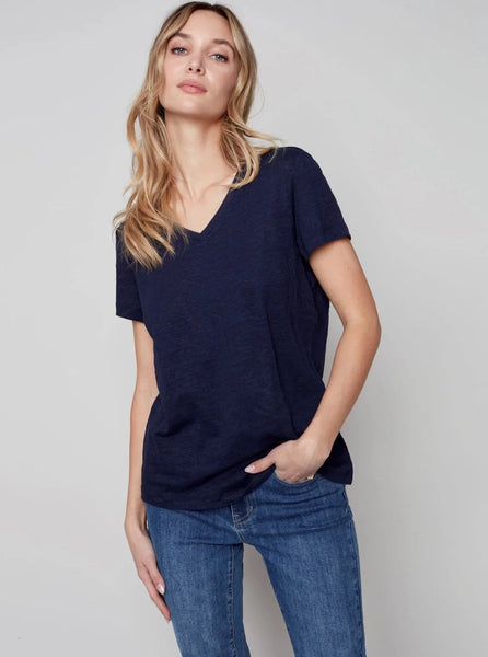 Short Sleeve V-Neck Linen T-Shirt [Marine-C1231RPK]