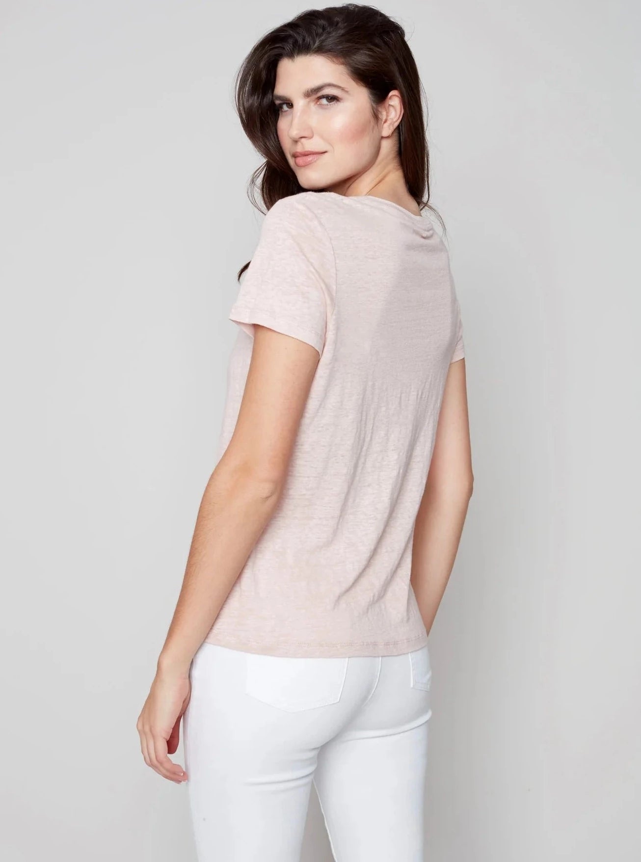 Short Sleeve V-Neck Linen T-Shirt [Pearl-C1231RPK]