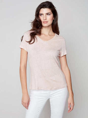 Short Sleeve V-Neck Linen T-Shirt [Pearl-C1231RPK]