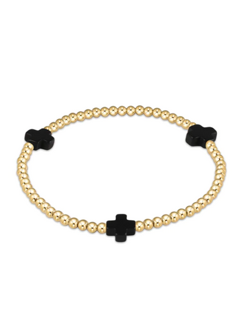 Signature Cross Gold Pattern 3MM Bead Bracelet ONYX [Gold-BSCGP3O]