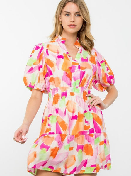 Smocked Waist Print Flutter Dress [CR-FTM2588-1]