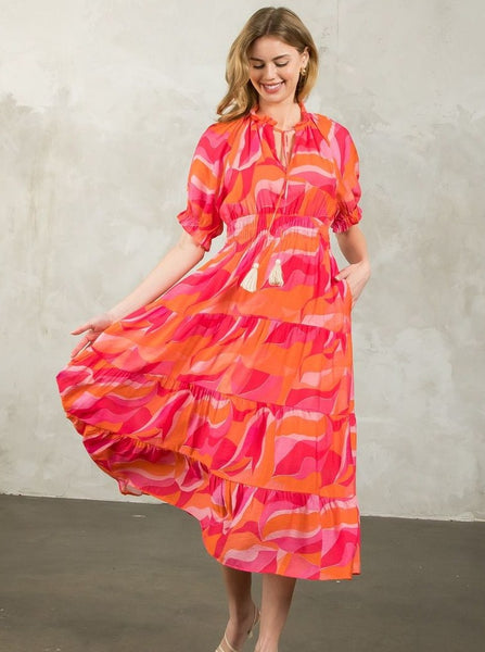 Smocked Waist Tiered Print Dress [PK-WCT2589]