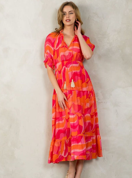 Smocked Waist Tiered Print Dress [PK-WCT2589]