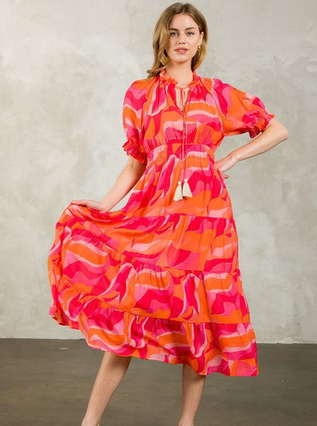 Smocked Waist Tiered Print Dress [PK-WCT2589]