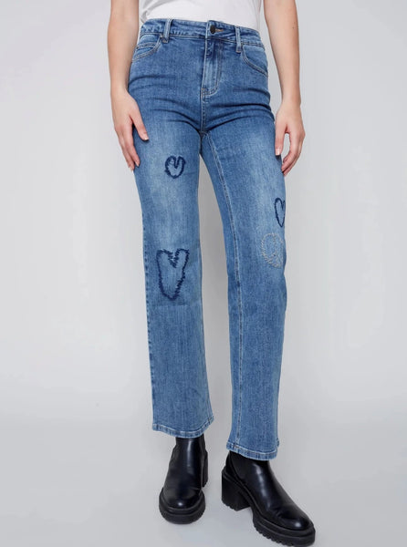 Straight Leg Jean With Heart Embroidery [Medium Blue-C5434]