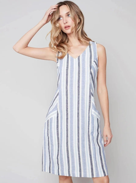 Striped Sleeveless V-Neck Linen Dress [Cerulean-C3115]