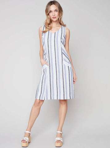 Striped Sleeveless V-Neck Linen Dress [Cerulean-C3115]