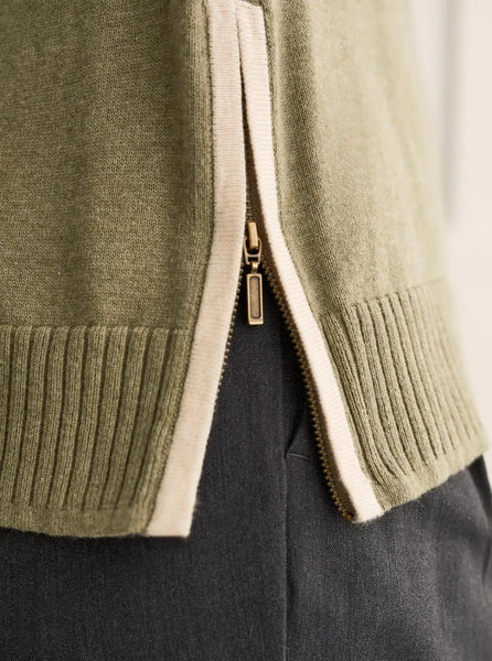 V-Neck Sweater W Zipper [H. Forest-1495O]