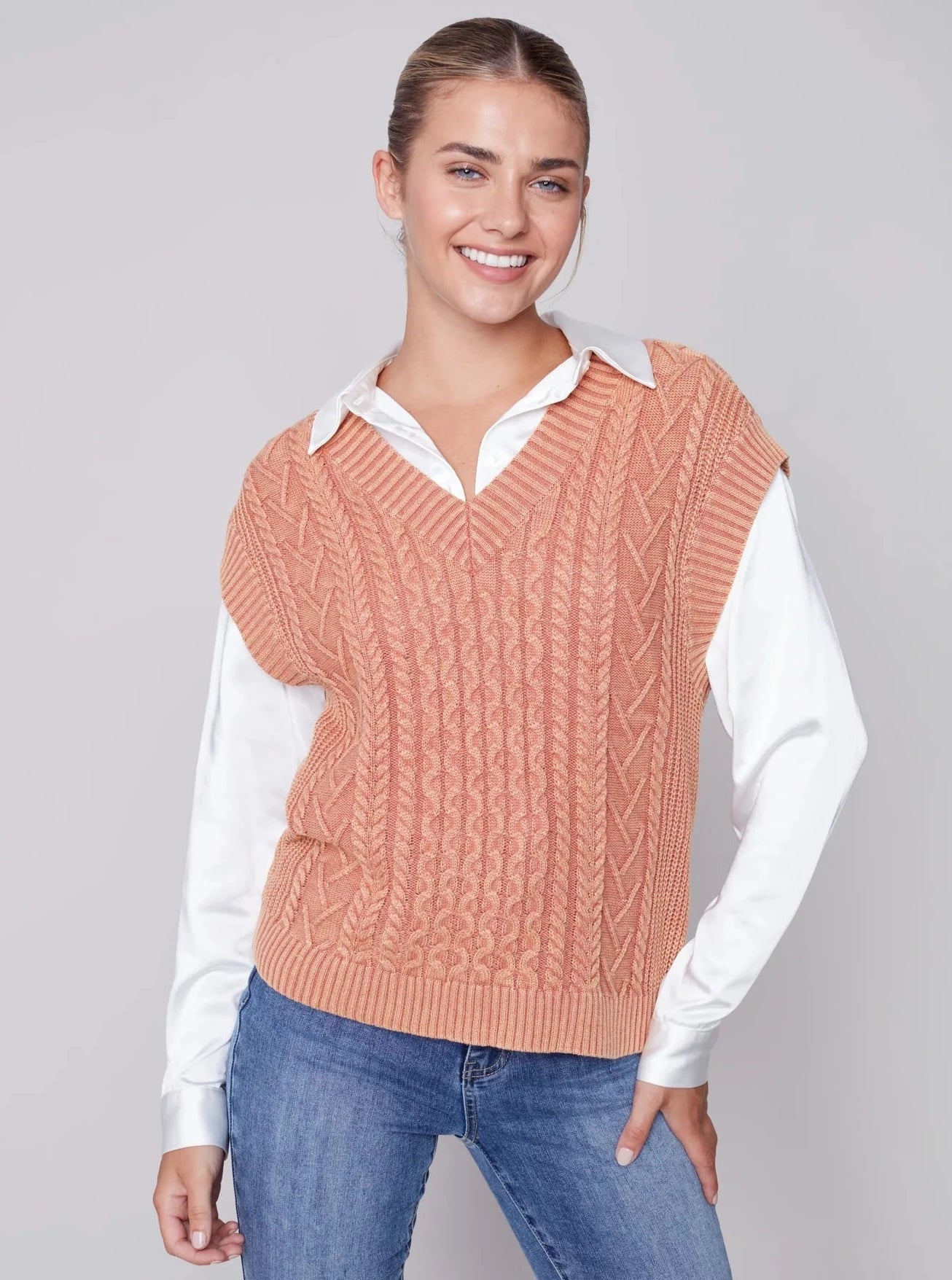 V Neck Cable Knit Sleeveless Vest [Cider-C2527] Ooh La La Boutique MN