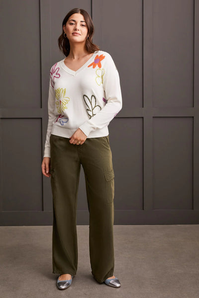 V Neck Drop Shoulder Jacquard Sweater [Eggshell Multi-5668O]