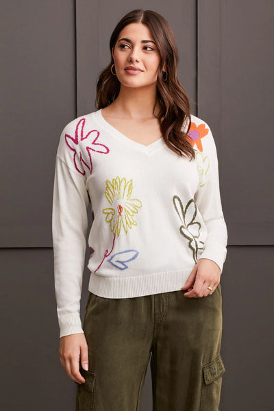 V Neck Drop Shoulder Jacquard Sweater [Eggshell Multi-5668O]