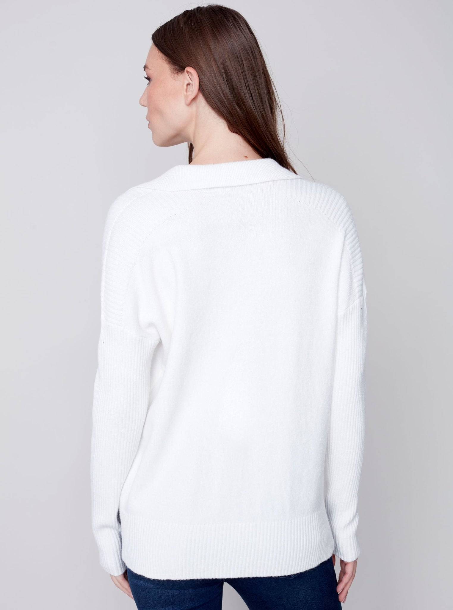 V Neck Long Sleeve Sweater [Cream-C2547]
