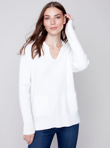 V Neck Long Sleeve Sweater [Cream-C2547]