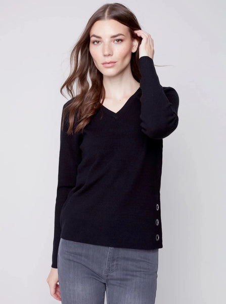 V Neck Sweater With Side Slit [Black-C2569]