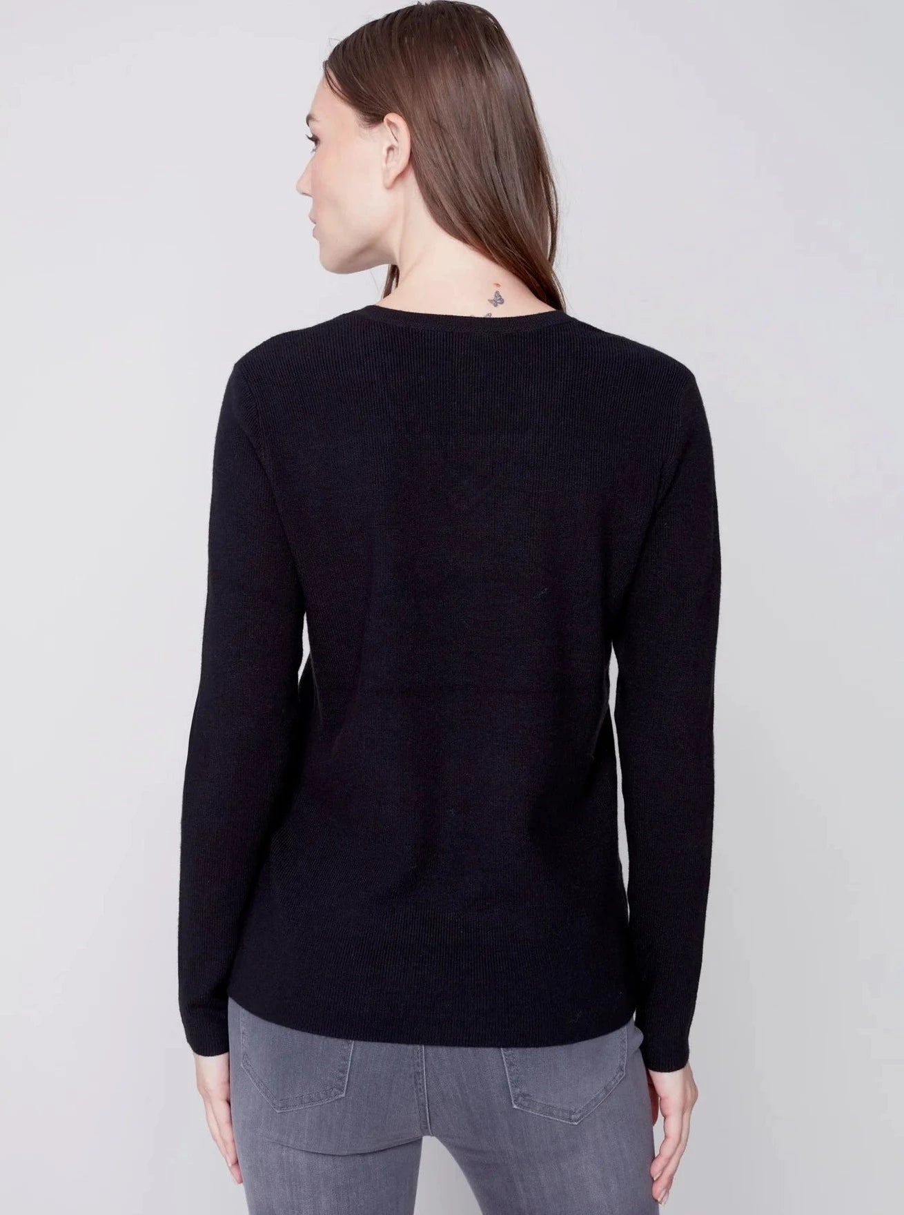 V Neck Sweater With Side Slit [Black-C2569]