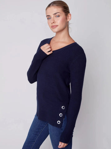 V Neck Sweater With Side Slit [Navy-C2569]