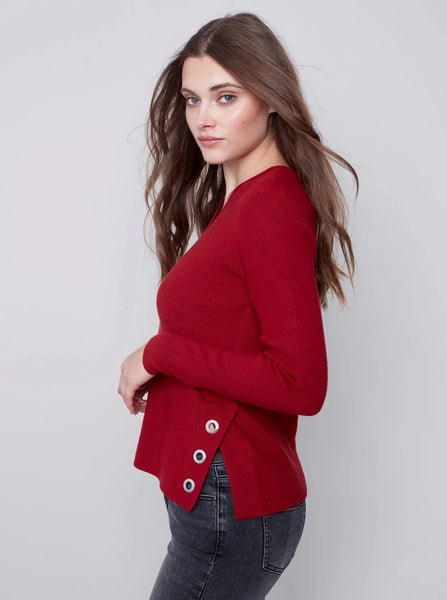 V Neck Sweater With Side Slit [Ruby-C2569]