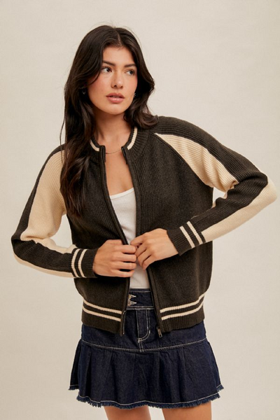 Varsity Zip Up Cardigan [Charcoal/Cream-38096]