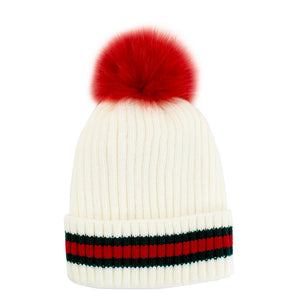 White Knit Hat Stripe Fox Fur Pom [HTMS01-WHIT]