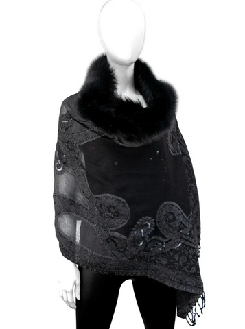 Woven Beaded Scarf With Crystals Fox Trim [Black-SCBS16]