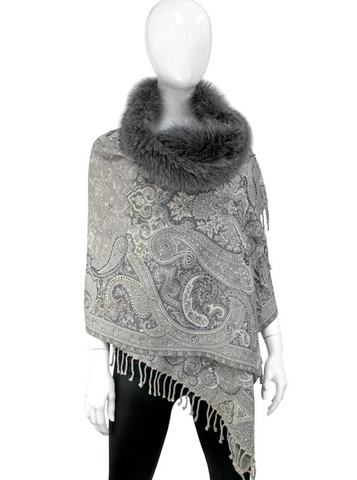 Woven Beaded Scarf With Crystals Fox Trim [Light Grey-SCBS10]