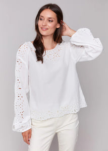 Long Sleeve Crewneck Eyelet Blouse [White-C4619]