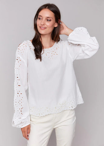 Long Sleeve Crewneck Eyelet Blouse [White-C4619]