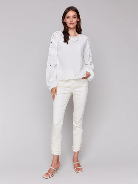 Long Sleeve Crewneck Eyelet Blouse [White-C4619]