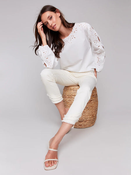Long Sleeve Crewneck Eyelet Blouse [White-C4619]