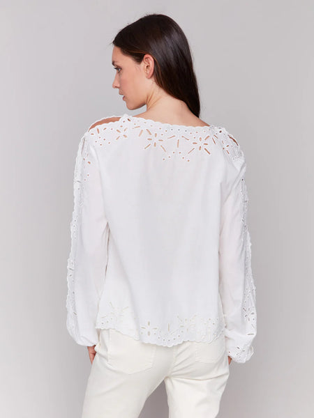 Long Sleeve Crewneck Eyelet Blouse [White-C4619]