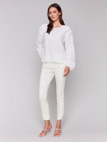 Long Sleeve Crewneck Eyelet Blouse [White-C4619]