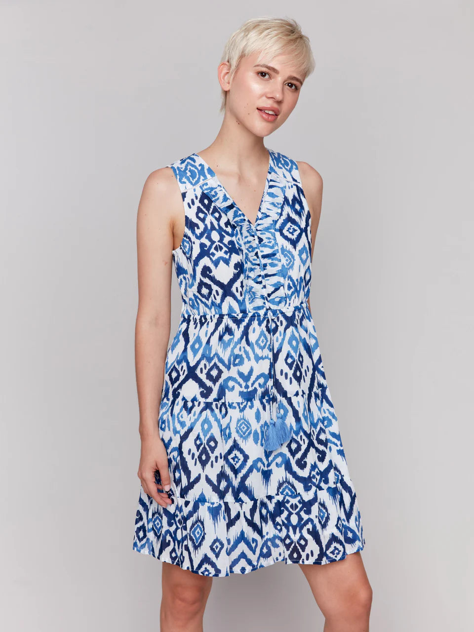 Printed Sleeveless Ruffle Dress [Ikat-C3177]