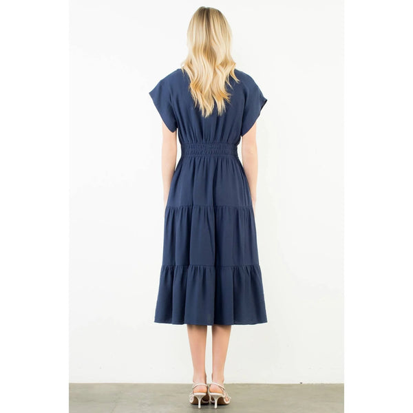 Short Sleeve Embroidery Detail Tiered Midi Dress [Navy-WCT3458]