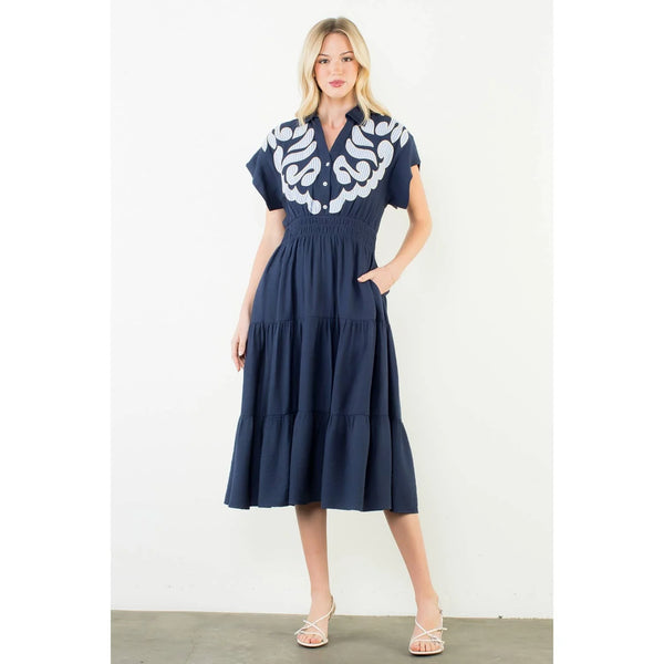 Short Sleeve Embroidery Detail Tiered Midi Dress [Navy-WCT3458]