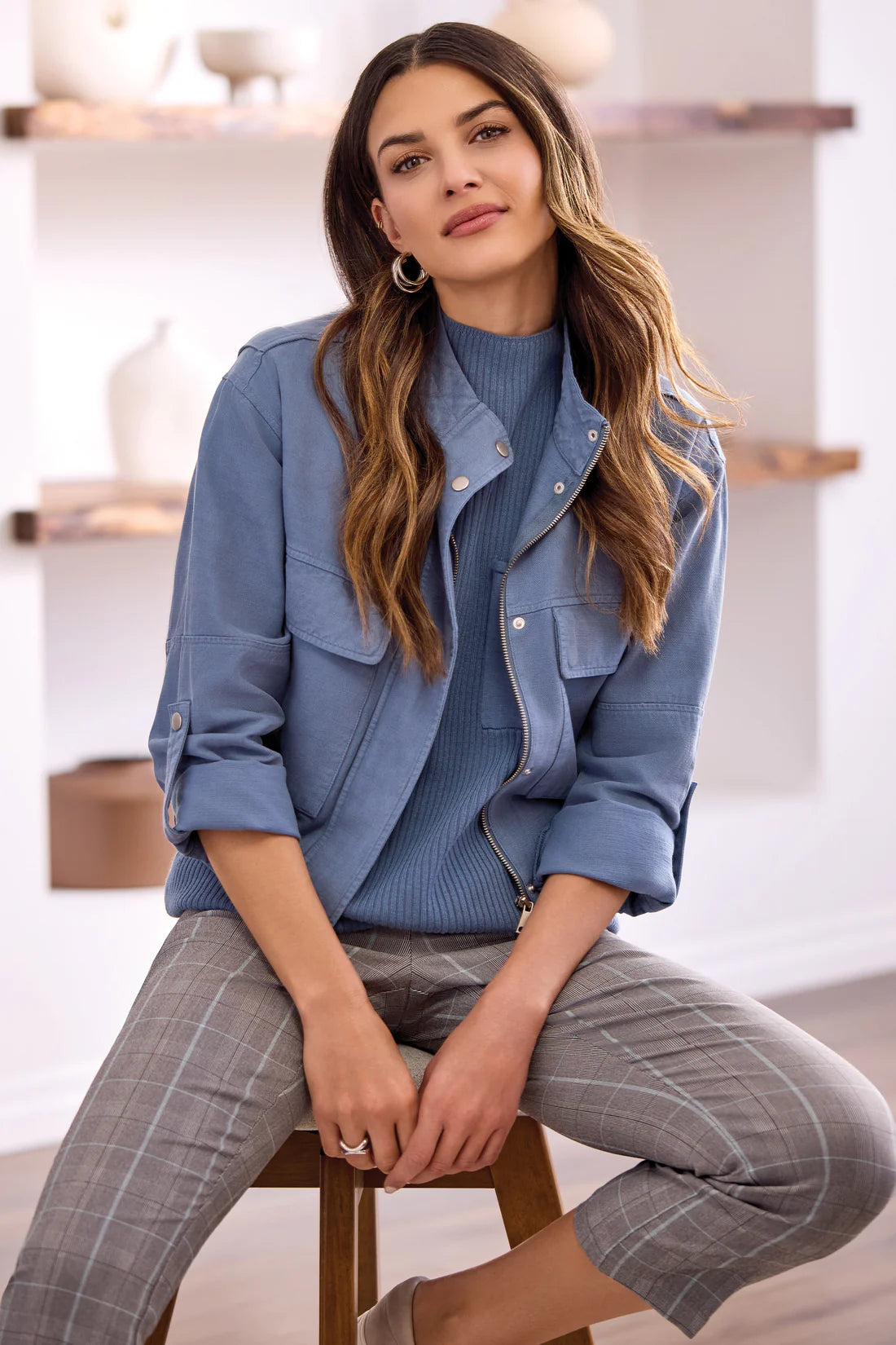 Long Sleeve Zip Front Jacket W Pockets [Slate Blue-2385O]